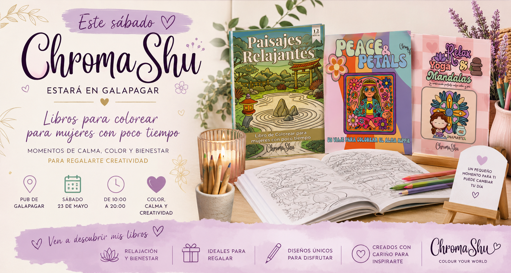 Anuncio de Chroma Shu en Galapagar con libros para colorear