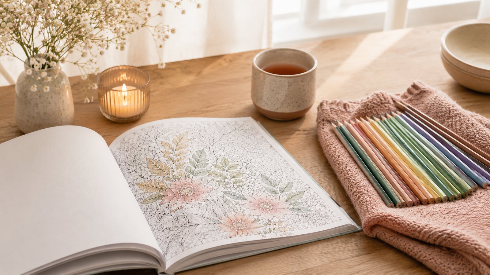 Mesa tranquila con libro de colorear y lápices para una pausa adulta