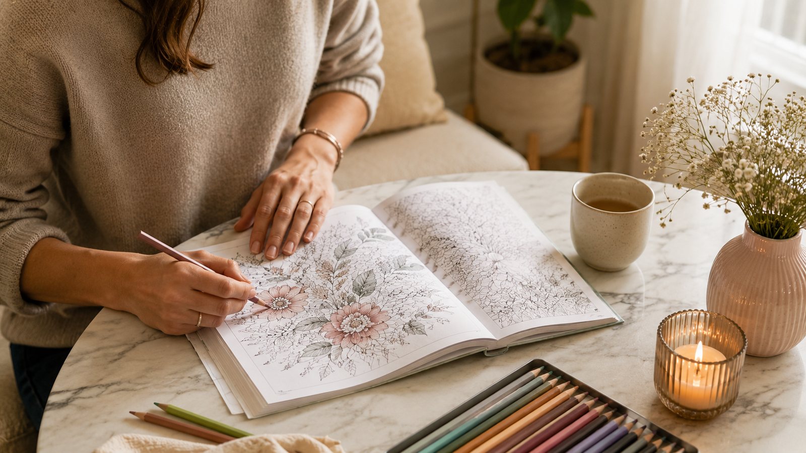 Persona adulta coloreando una página elegante en una mesa ordenada