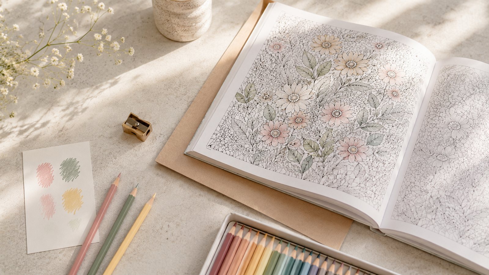 Materiales básicos para colorear con lápices, sacapuntas y hoja de prueba