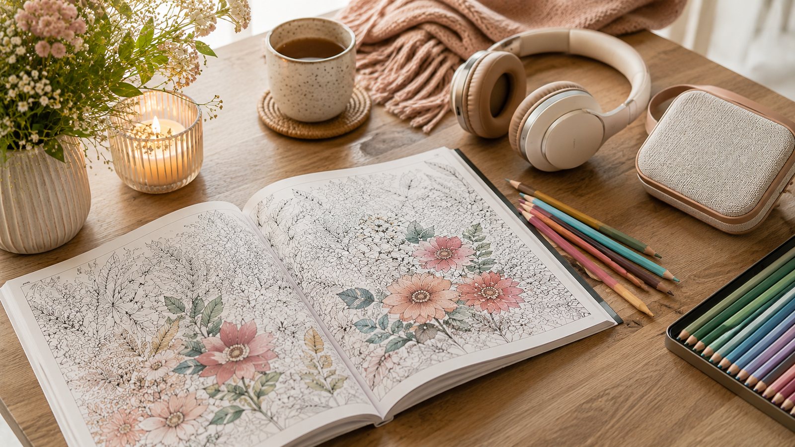 Libro de colorear con lápices y auriculares en una mesa tranquila