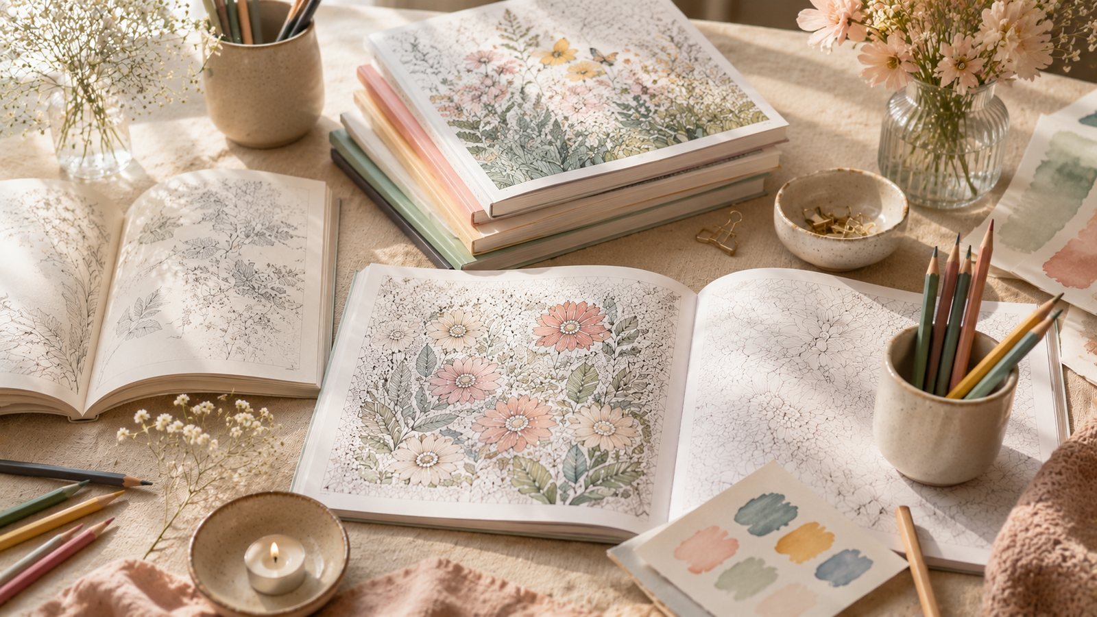 Universo Chroma Shu con libros para colorear, lápices y detalles creativos