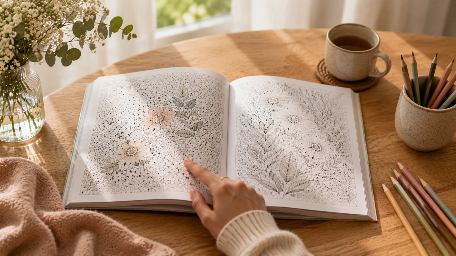 Libro de colorear abierto con varias páginas y lápices suaves para elegir por dónde empezar