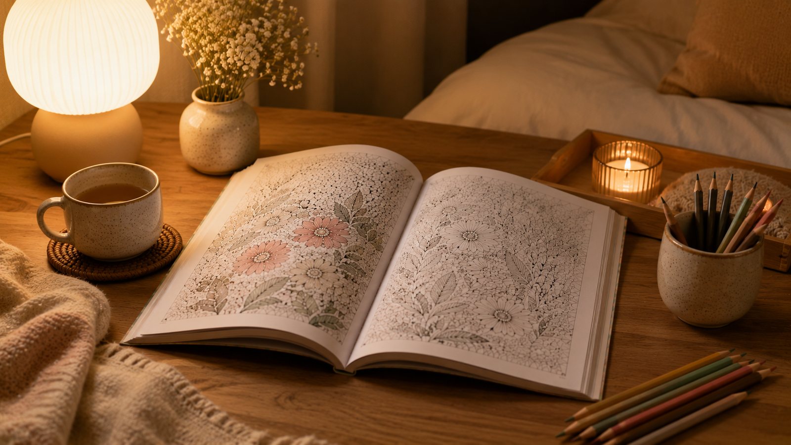 Rincón nocturno tranquilo con libro de colorear, luz cálida y lápices suaves