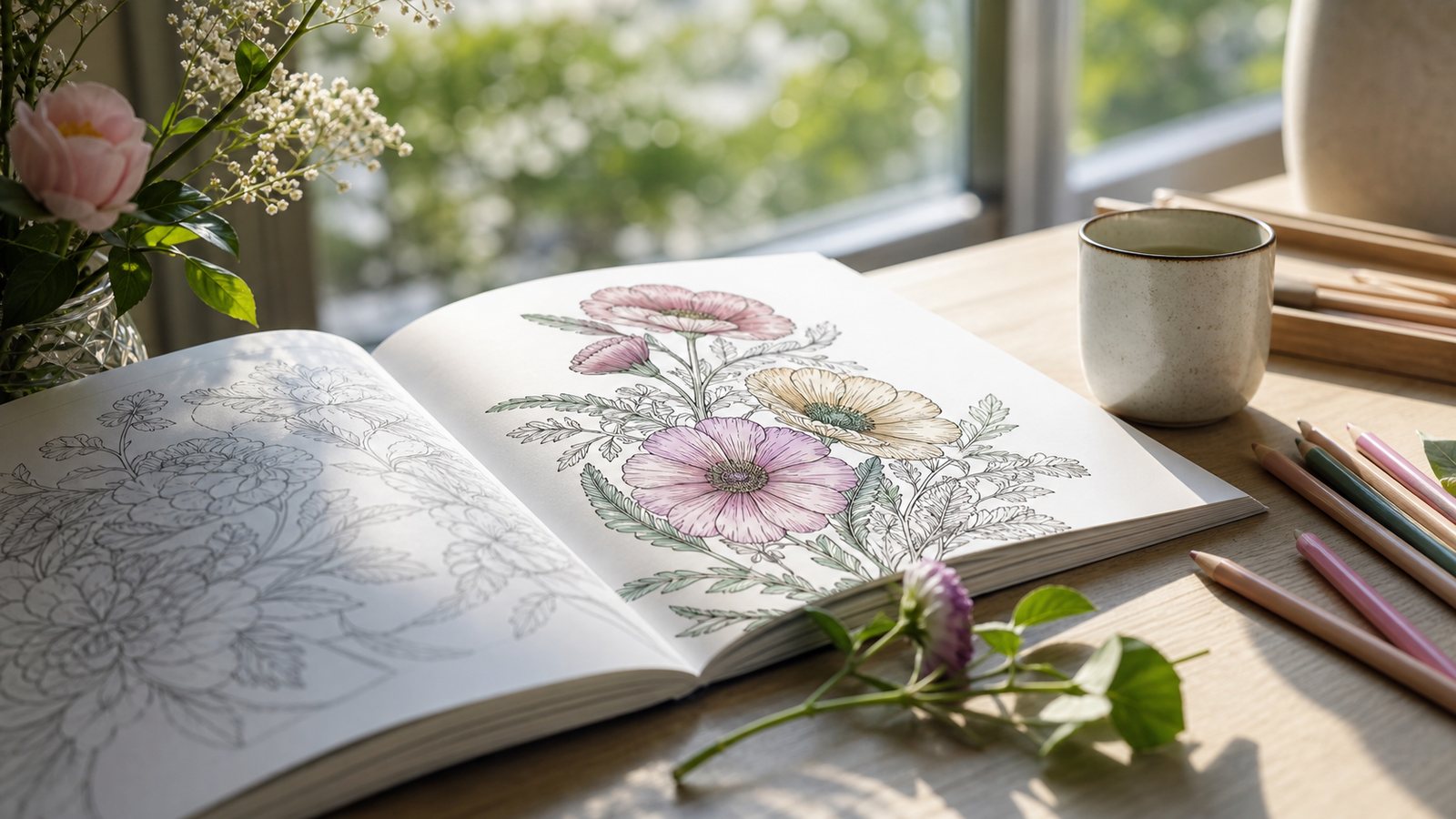 Libro de colorear con flores, lapices suaves y una mesa luminosa para una pausa creativa