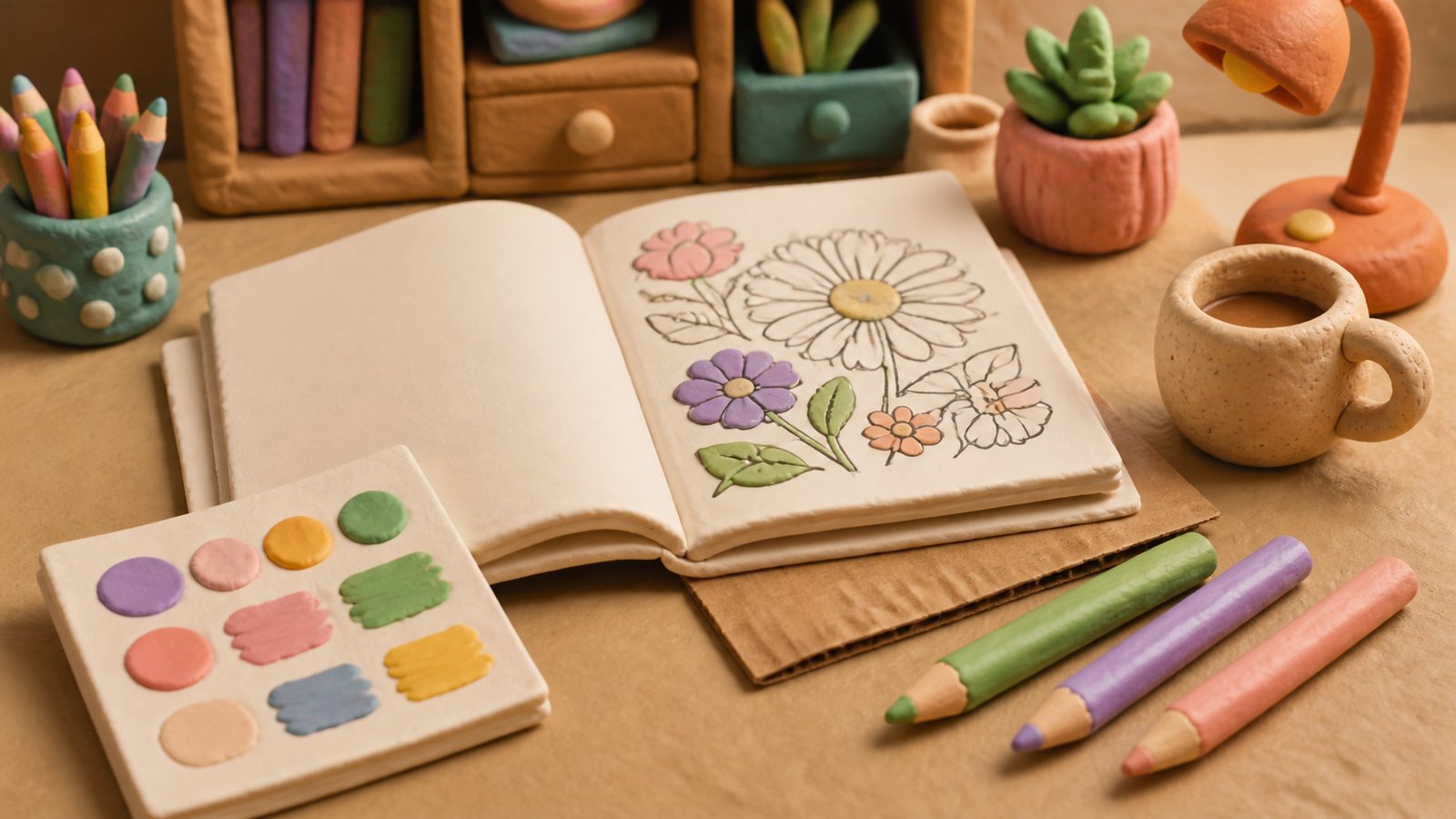 Hoja de prueba de color junto a una pagina de colorear floral y lapices ordenados