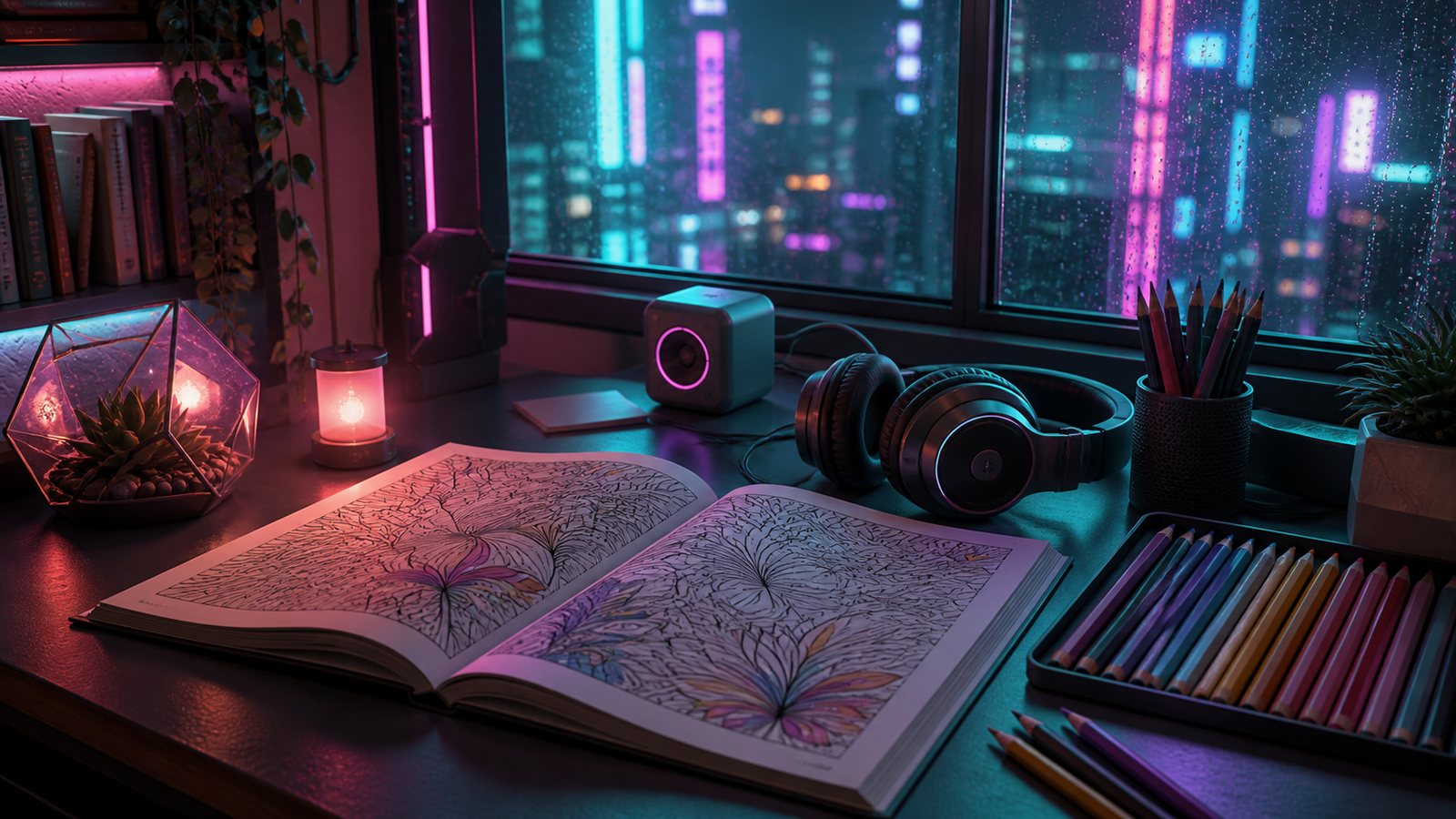 Mesa de colorear con libro abierto, auriculares, lapices y luz calida de tarde