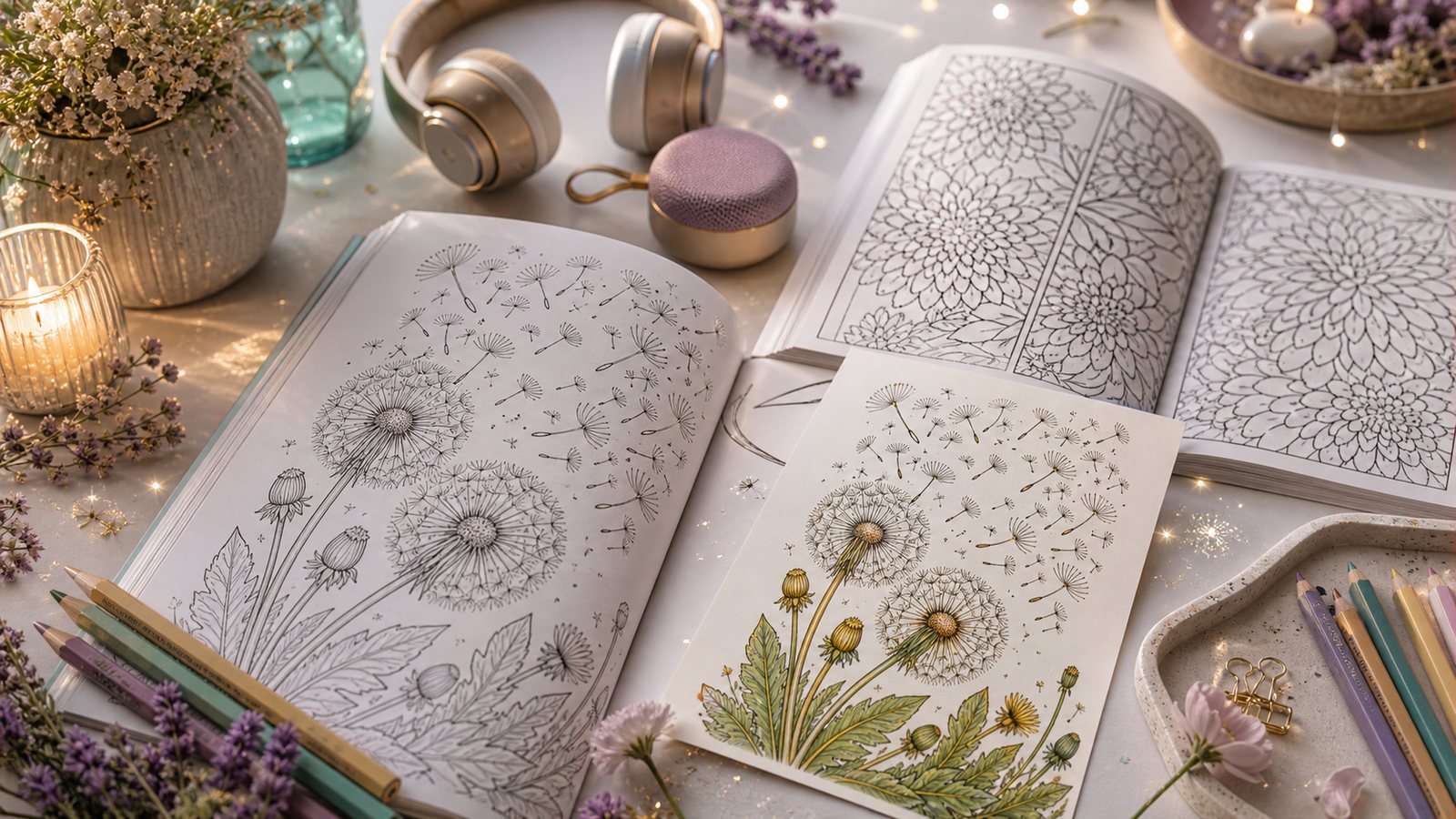 Universo creativo Chroma Shu con libros para colorear, flores, lapices y recursos impresos