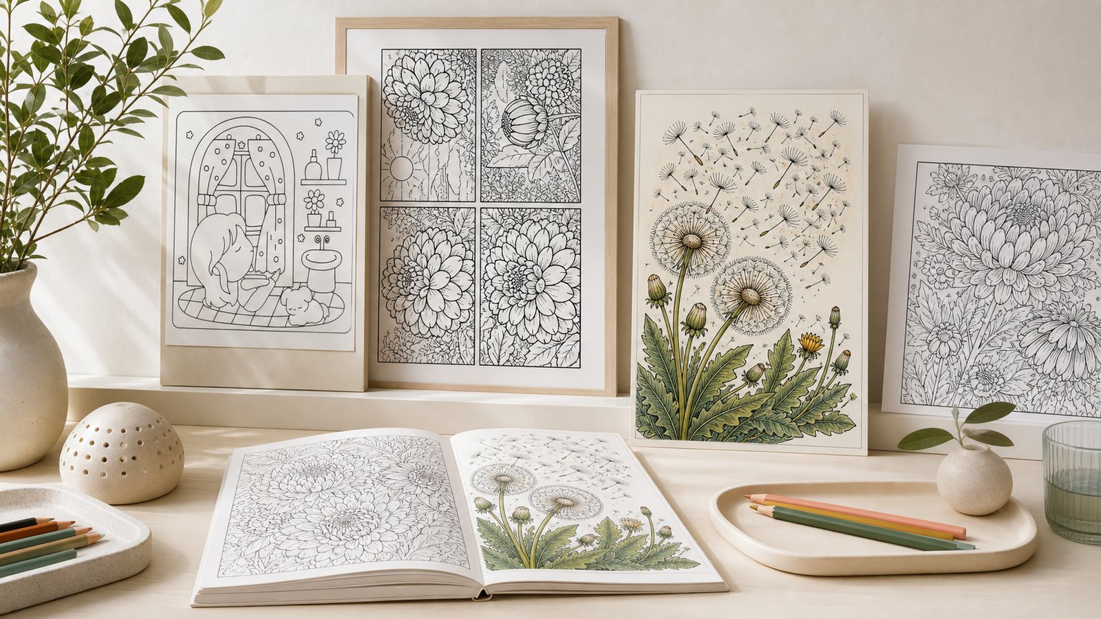 Libros de la coleccion Relajantes con paginas abiertas, flores, paisajes y lapices suaves