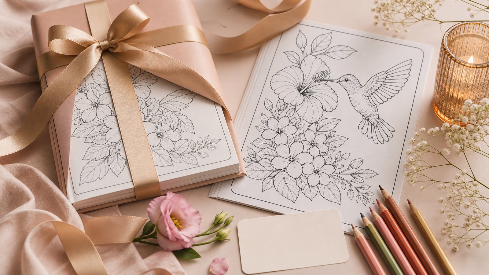 Libro para colorear envuelto como regalo con lapices, flores y una tarjeta sencilla