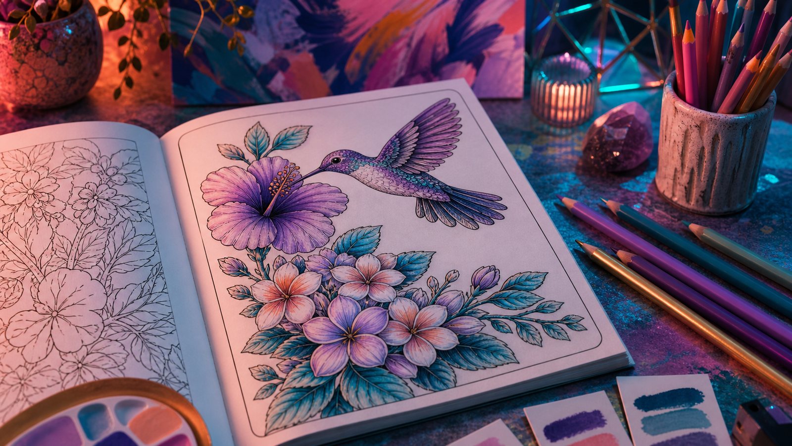 Pagina floral coloreada con tonos imaginativos lavanda, coral, teal y dorado suave