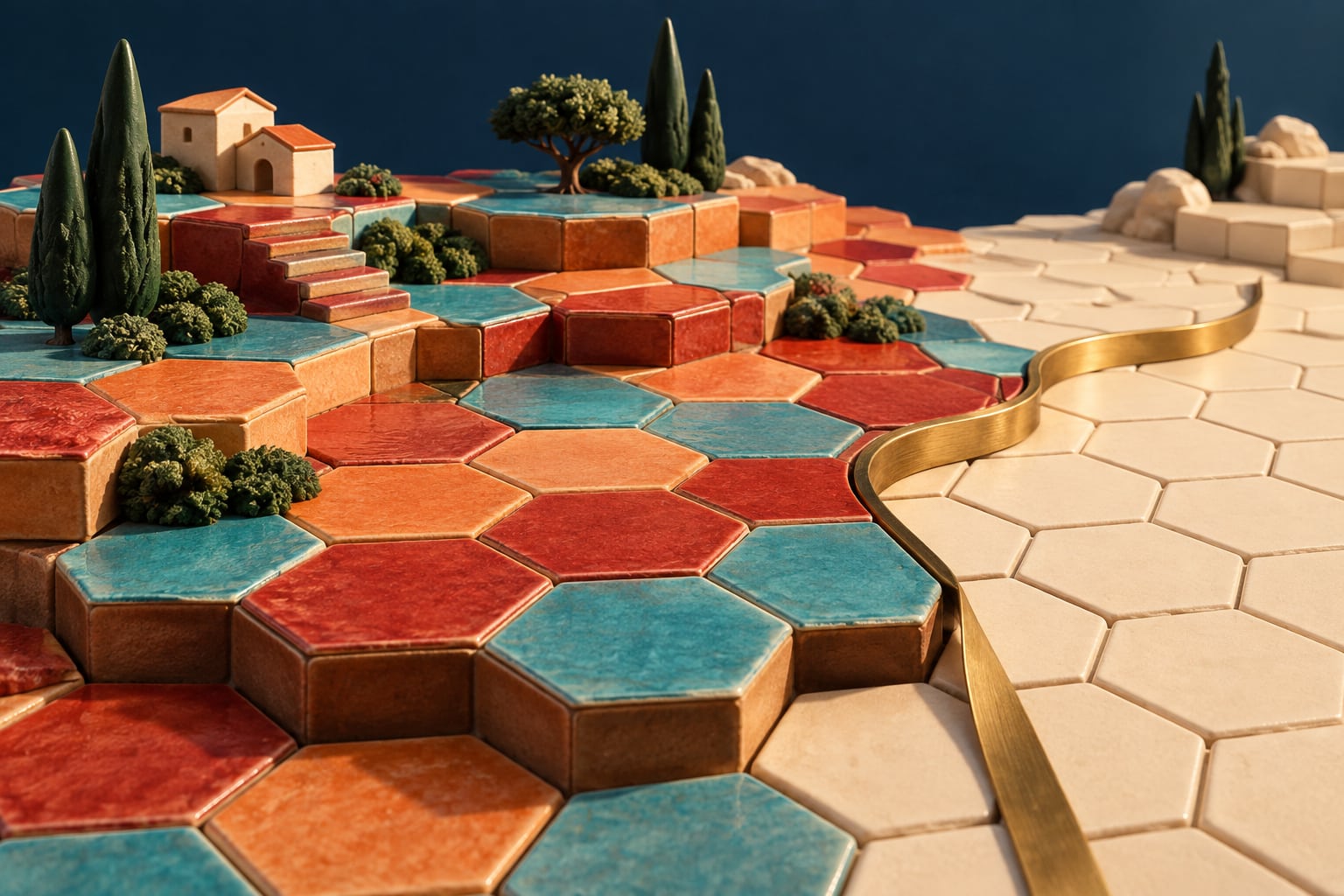 Paisaje de baldosas cerámicas hexagonales; una cinta dorada separa zonas coloreadas y claras.