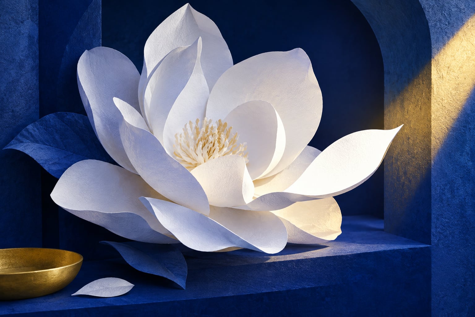 Magnolia de papel blanco ante un arco azul, iluminada por un rayo dorado.