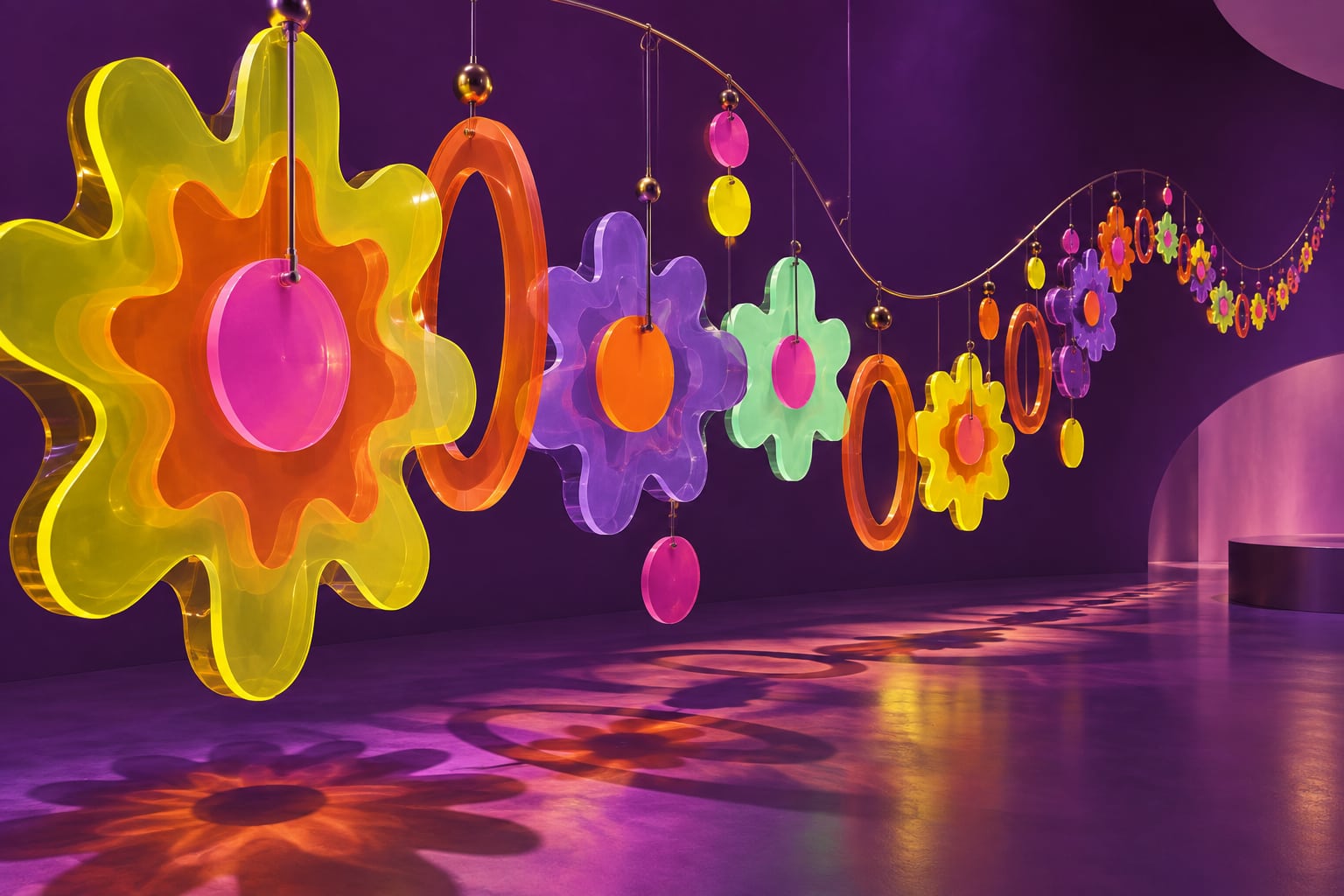 Móvil de flores y curvas acrílicas de colores que repiten un ritmo en una galería violeta.