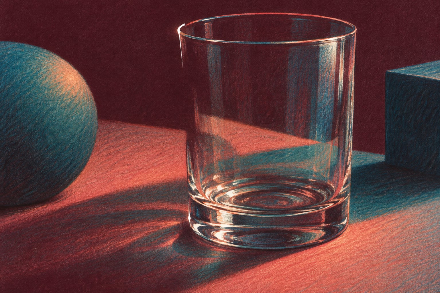 Ilustración a lápiz de un vaso transparente junto a formas coral y turquesa.