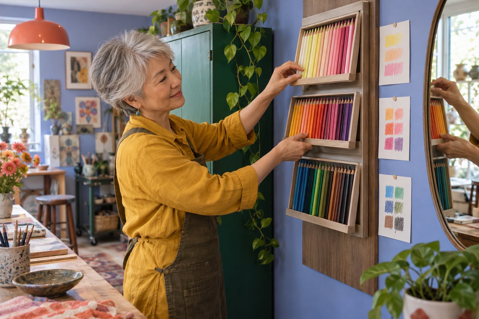 Mujer de cabello plateado ordenando lápices de colores en bandejas de pared en su estudio.