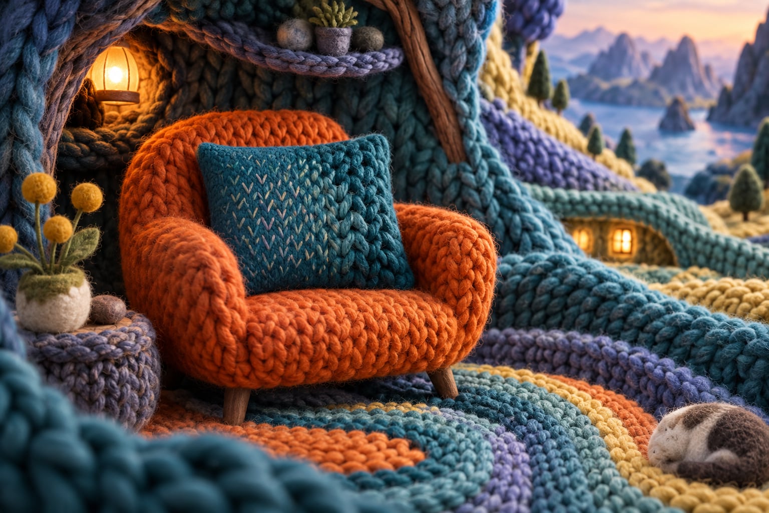 Rincón tejido en miniatura con sillón naranja, cojín turquesa y un pequeño gato dormido.