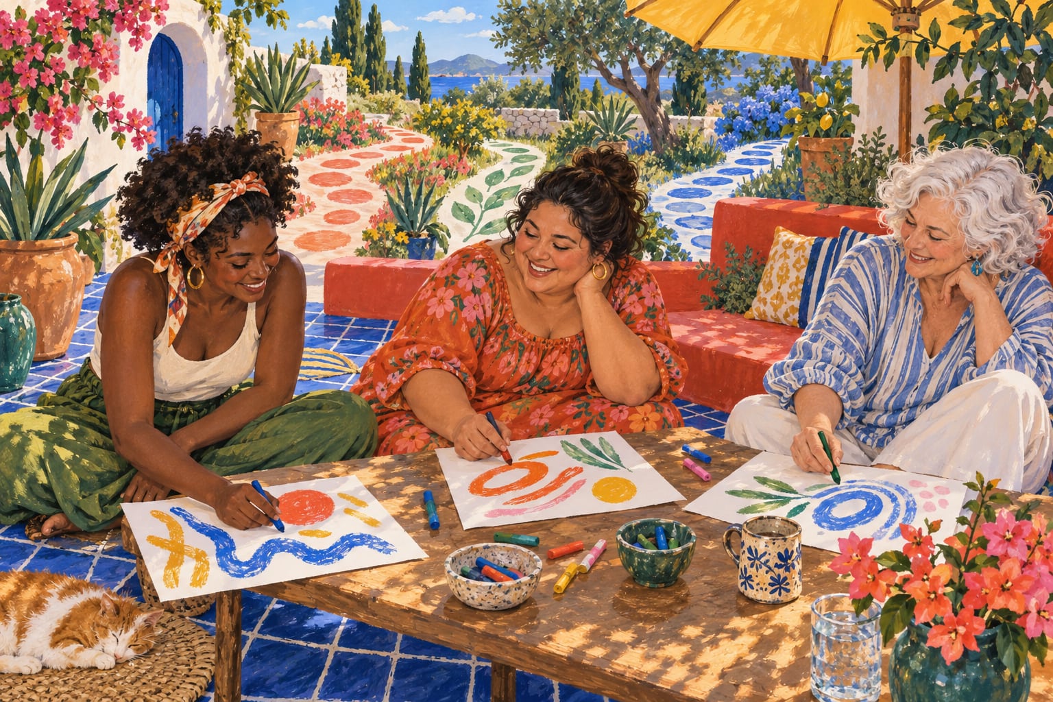 Tres mujeres colorean dibujos propios alrededor de una mesa en un patio luminoso.