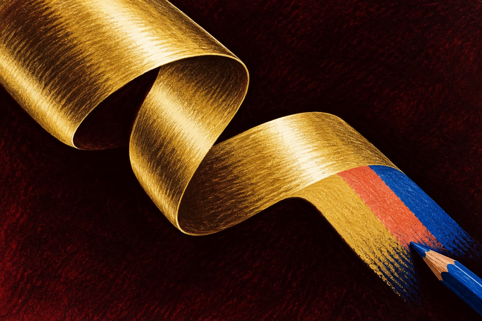 Ilustración de una cinta dorada con luces y sombras que se transforma en bandas de color mate.