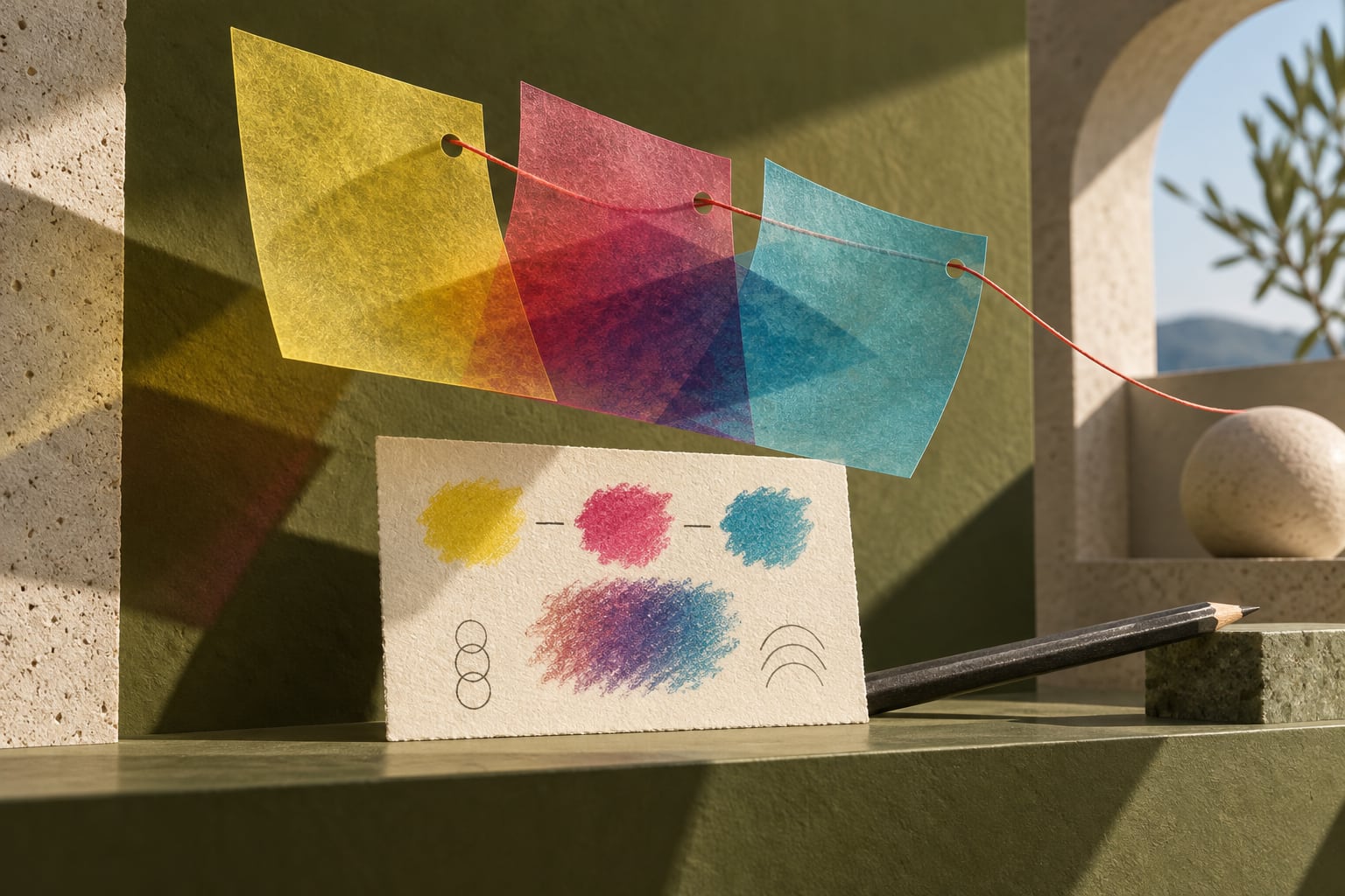 Collage de hojas translúcidas amarilla, rosa y turquesa junto a una tarjeta de muestras.