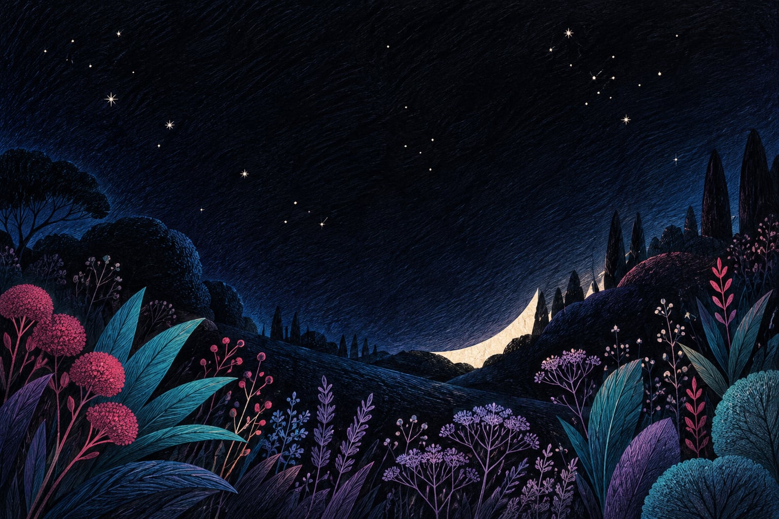 Jardín nocturno ilustrado con pequeños puntos de luz reservados sobre un cielo índigo.